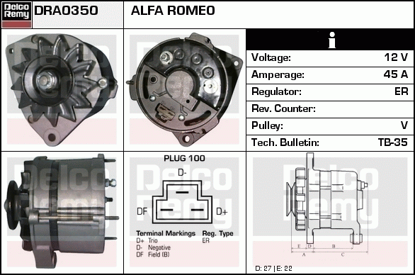 DELCO REMY DRA0350 Alternator