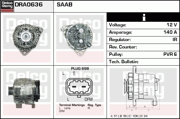 DELCO REMY DRA0636 Alternator