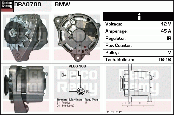 DELCO REMY DRA0700 Alternator