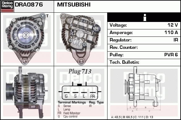 DELCO REMY DRA0876 Alternator