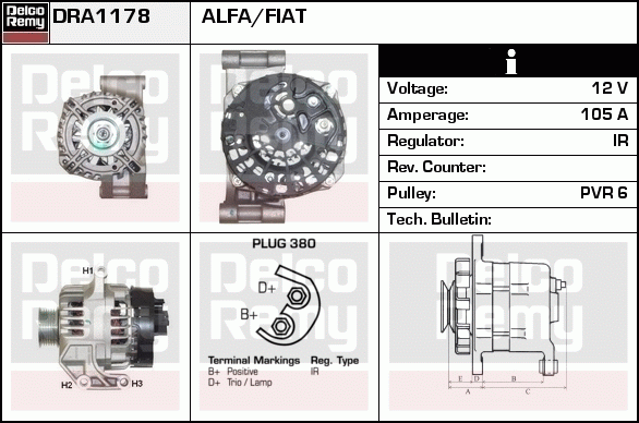 DELCO REMY DRA1178 Alternator