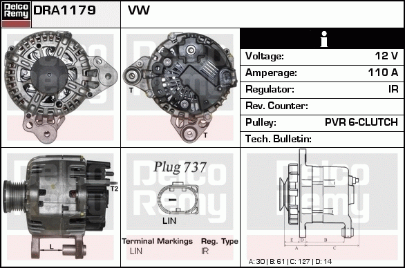 DELCO REMY DRA1179 Alternator