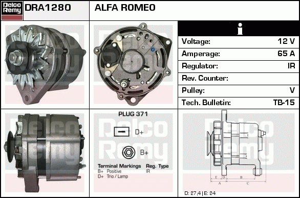 DELCO REMY DRA1280 Alternator