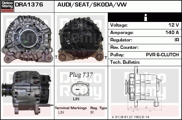 DELCO REMY DRA1376 Alternator