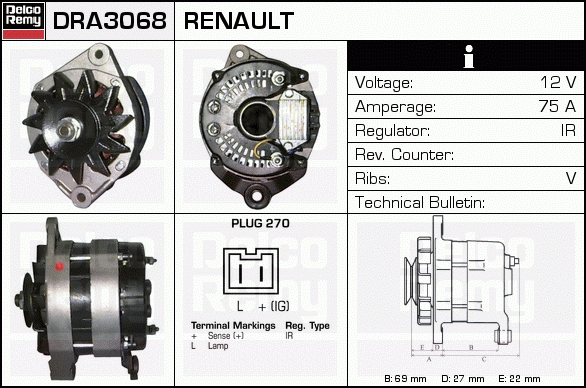 DELCO REMY DRA3068 Alternator