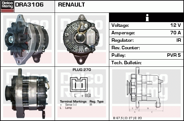 DELCO REMY DRA3106 Alternator