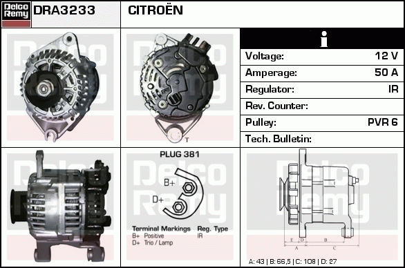 DELCO REMY DRA3233 Alternator