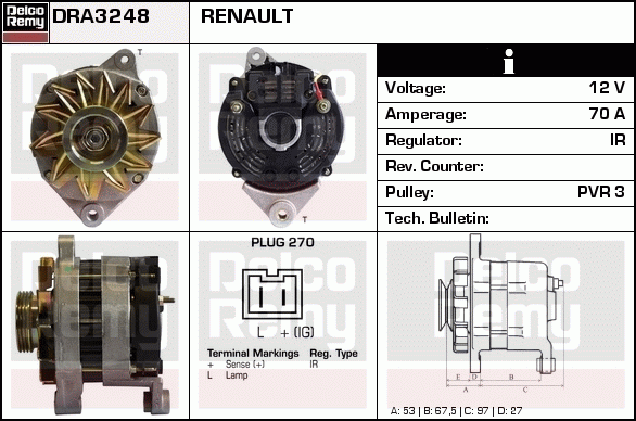 DELCO REMY DRA3248 Alternator