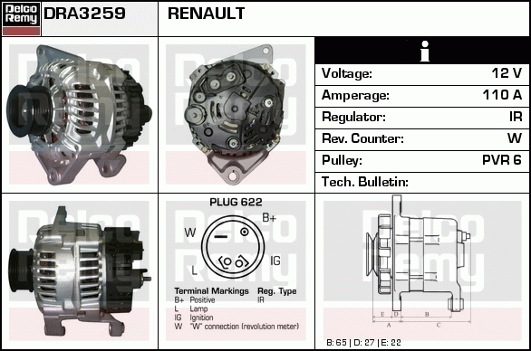 DELCO REMY DRA3259 Alternator