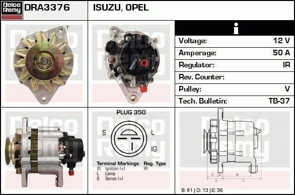 DELCO REMY DRA3376 Alternator