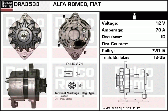 DELCO REMY DRA3533 Alternator