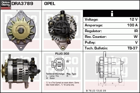 DELCO REMY DRA3789N Alternator