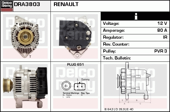 DELCO REMY DRA3803 Alternator