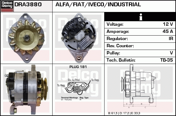 DELCO REMY DRA3880 Alternator