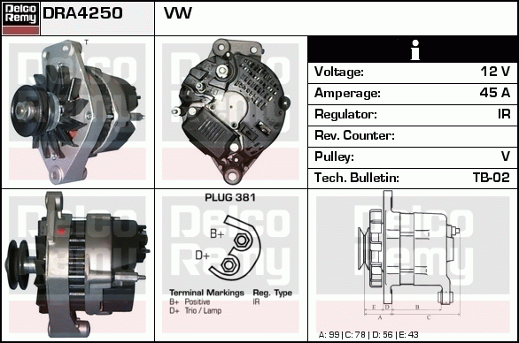 DELCO REMY DRA4250 Alternator