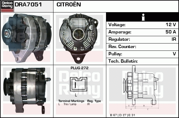 DELCO REMY DRA7051 Alternator