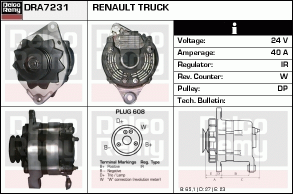 DELCO REMY DRA7231 Alternator