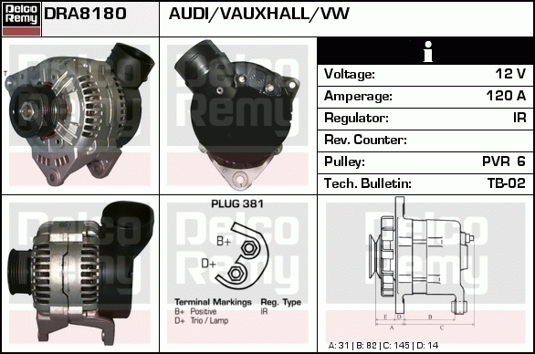 DELCO REMY DRA8180 Alternator