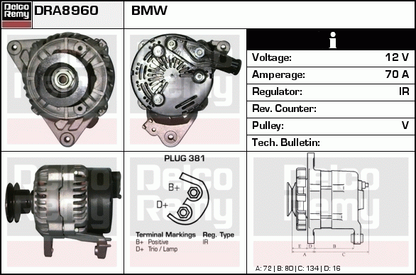 DELCO REMY DRA8960 Alternator