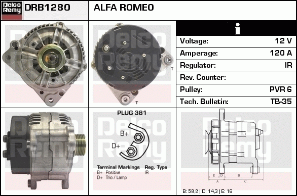 DELCO REMY DRB1280 Alternator