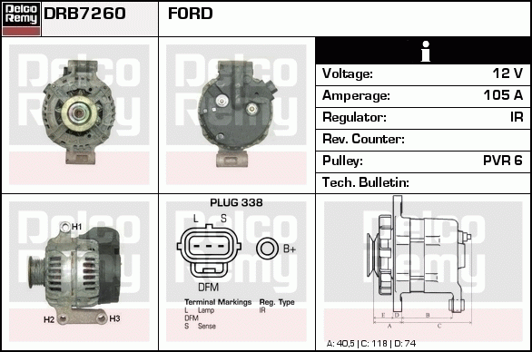 DELCO REMY DRB7260 Alternator