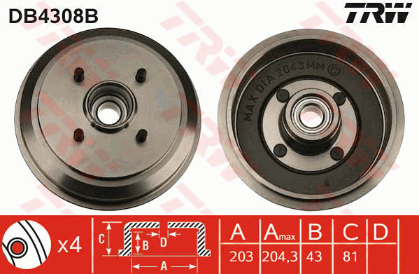 TRW DB4308B Brzdový buben