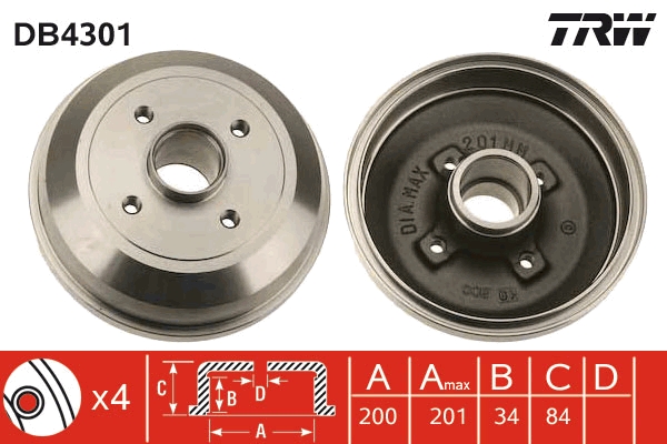 TRW DB4301 Brake Drum for...
