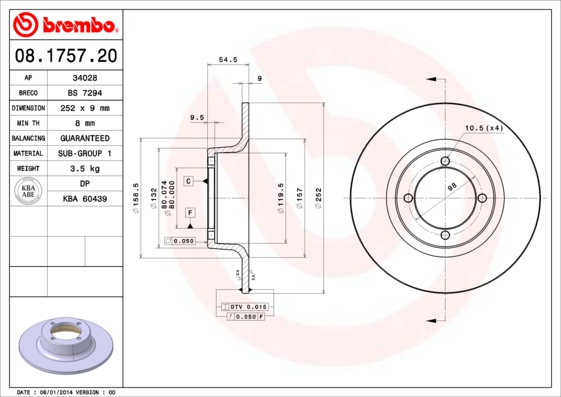 A.B.S. 08.1757.20 BREMBO Bremsscheibe
