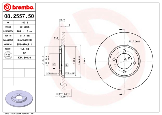 A.B.S. 08.2557.50 BREMBO Bremsscheibe