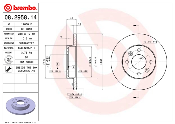 A.B.S. 08.2958.14 BREMBO Bremsscheibe
