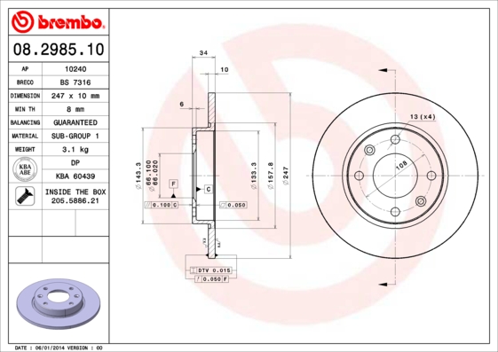 A.B.S. 08.2985.10 BREMBO Bremsscheibe