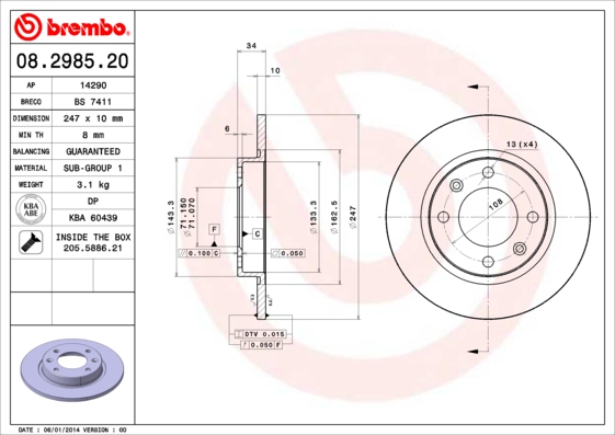 A.B.S. 08.2985.20 BREMBO Bremsscheibe