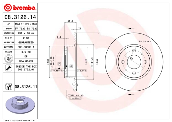 A.B.S. 08.3126.11 BREMBO COATED DISC LINE Bremsscheibe