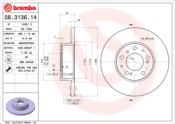 A.B.S. 08.3136.14 BREMBO Bremsscheibe