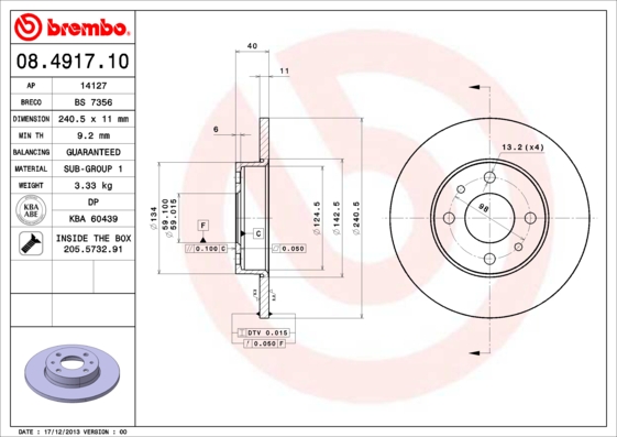 A.B.S. 08.4917.10 BREMBO Bremsscheibe