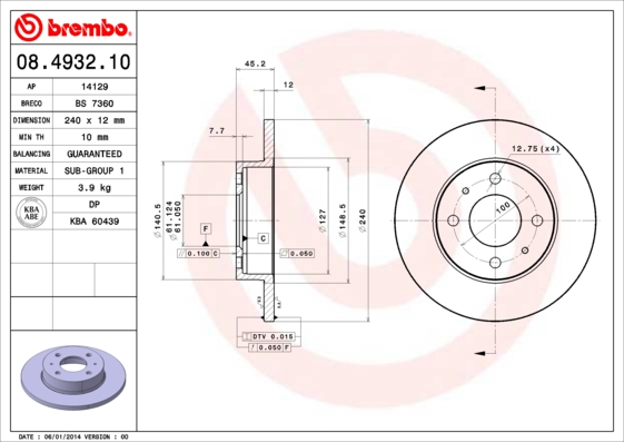 A.B.S. 08.4932.10 BREMBO Bremsscheibe
