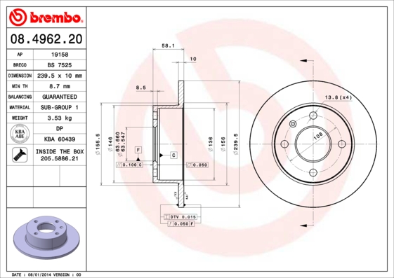 A.B.S. 08.4962.20 BREMBO Bremsscheibe