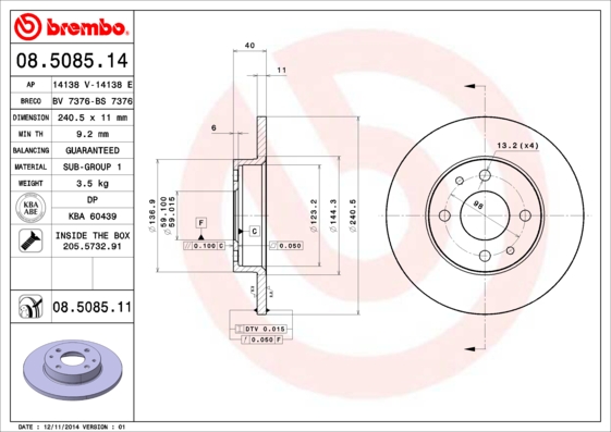 A.B.S. 08.5085.11 BREMBO COATED DISC LINE Bremsscheibe