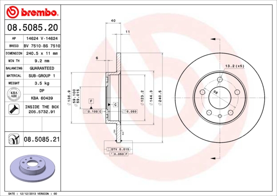A.B.S. 08.5085.21 BREMBO COATED DISC LINE Bremsscheibe