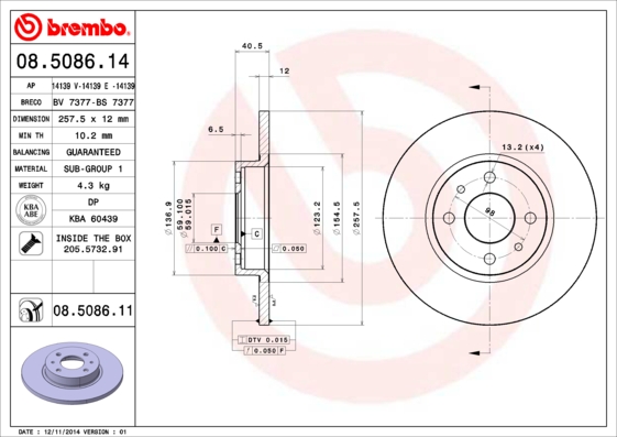 A.B.S. 08.5086.11 BREMBO COATED DISC LINE Bremsscheibe