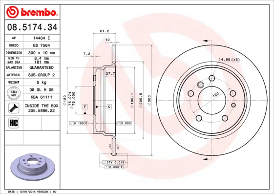 A.B.S. 08.5174.34 BREMBO Bremsscheibe