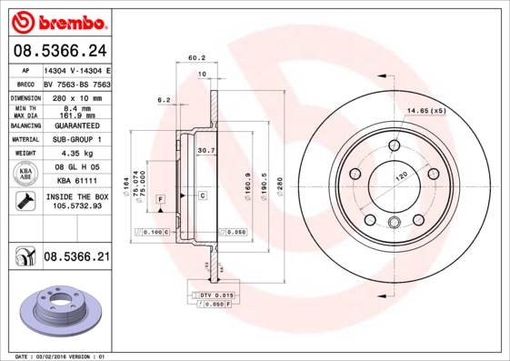 A.B.S. 08.5366.21 BREMBO COATED DISC LINE Bremsscheibe