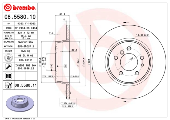 A.B.S. 08.5580.11 BREMBO COATED DISC LINE Bremsscheibe