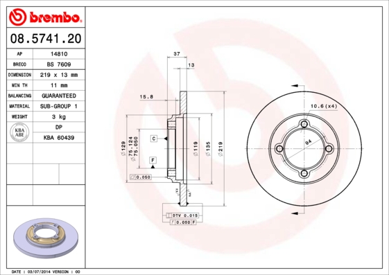 A.B.S. 08.5741.20 BREMBO Bremsscheibe