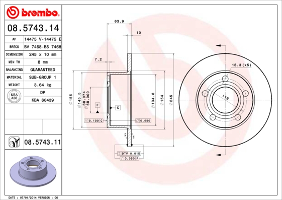 A.B.S. 08.5743.11 BREMBO COATED DISC LINE Bremsscheibe