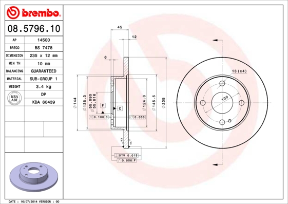 A.B.S. 08.5796.10 BREMBO Bremsscheibe