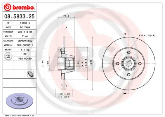 A.B.S. 08.5833.20 BREMBO Bremsscheibe