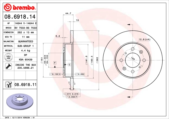 A.B.S. 08.6918.11 BREMBO COATED DISC LINE Bremsscheibe