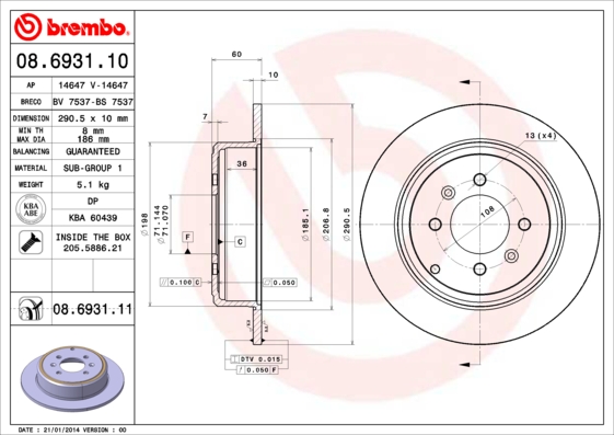 A.B.S. 08.6931.11 BREMBO COATED DISC LINE Bremsscheibe