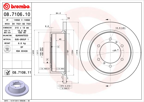 A.B.S. 08.7106.11 BREMBO COATED DISC LINE Bremsscheibe